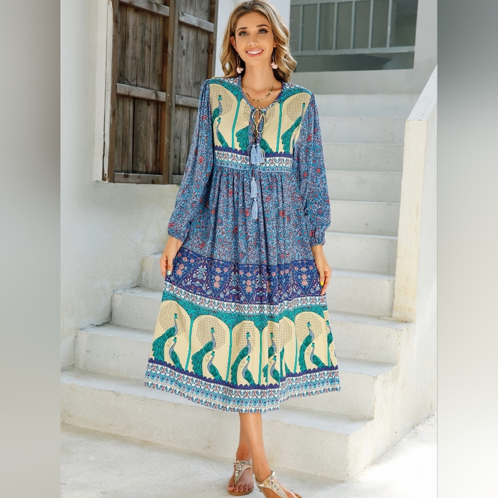 R.YIposha Boho Peacock Print Maxi Dress Blue Multicolor Long Sleeve - US 2
